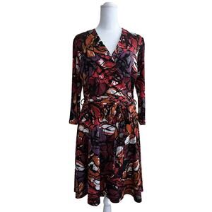 Just Taylor Jersey Faux Wrap Dress Burgundy Red Purple Sexy 3/4 sleeve Size 8